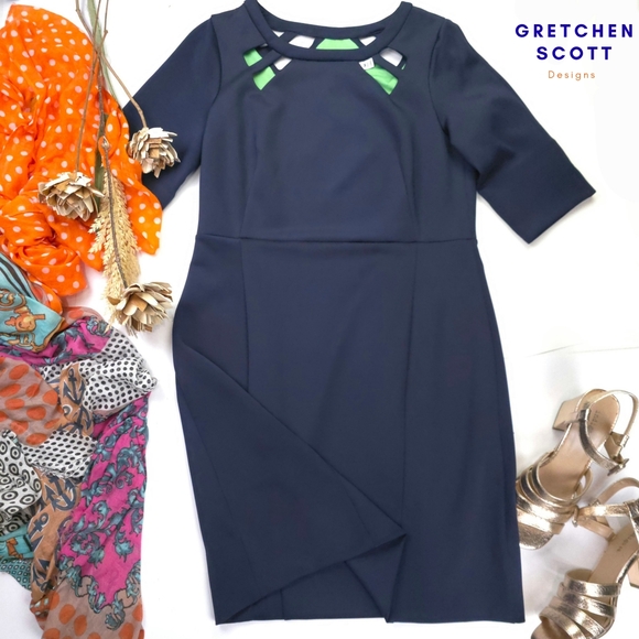 Gretchen Scott Designs Navy Dress with Green Accents Sz M - Picture 1 of 11
